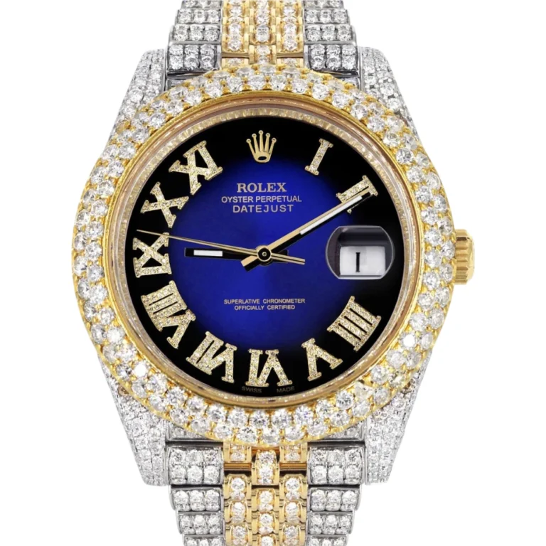 Diamond Iced Out Rolex Datejust 25 Carats Of Diamonds Custom Blue Black Roman Numeral Diamond Dial Two Tone Two Row Jubilee Band Replica
