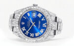 Diamond Iced Out Rolex Datejust 25 Carats Of Diamonds Custom Blue Roman Numeral Diamond Dial Two Row Oyster Band Replica