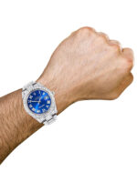 Diamond Iced Out Rolex Datejust 25 Carats Of Diamonds Custom Blue Roman Numeral Diamond Dial Two Row Oyster Band Replica