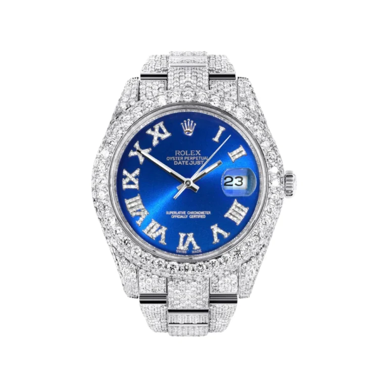 Diamond Iced Out Rolex Datejust 25 Carats Of Diamonds Custom Blue Roman Numeral Diamond Dial Two Row Oyster Band Replica