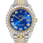Diamond Iced Out Rolex Datejust 25 Carats Of Diamonds Custom Blue Roman Numeral Diamond Dial Replica