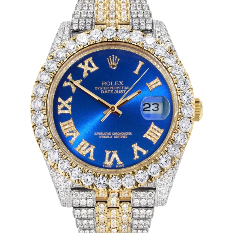Diamond Iced Out Rolex Datejust 25 Carats Of Diamonds Custom Blue Roman Numeral Diamond Dial Replica