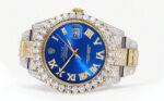 Diamond Iced Out Rolex Datejust 25 Carats Of Diamonds Custom Blue Roman Numeral Diamond Dial Two Tone Replica
