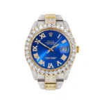 Diamond Iced Out Rolex Datejust 25 Carats Of Diamonds Custom Blue Roman Numeral Diamond Dial Two Tone Replica