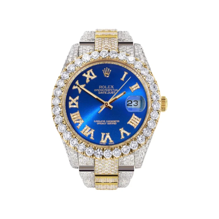 Diamond Iced Out Rolex Datejust 25 Carats Of Diamonds Custom Blue Roman Numeral Diamond Dial Two Tone Replica