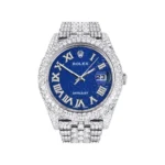 Diamond Iced Out Rolex Datejust 25 Carats Of Diamonds Custom Blue Text Pattern Dial Two Row Jubilee Band Replica