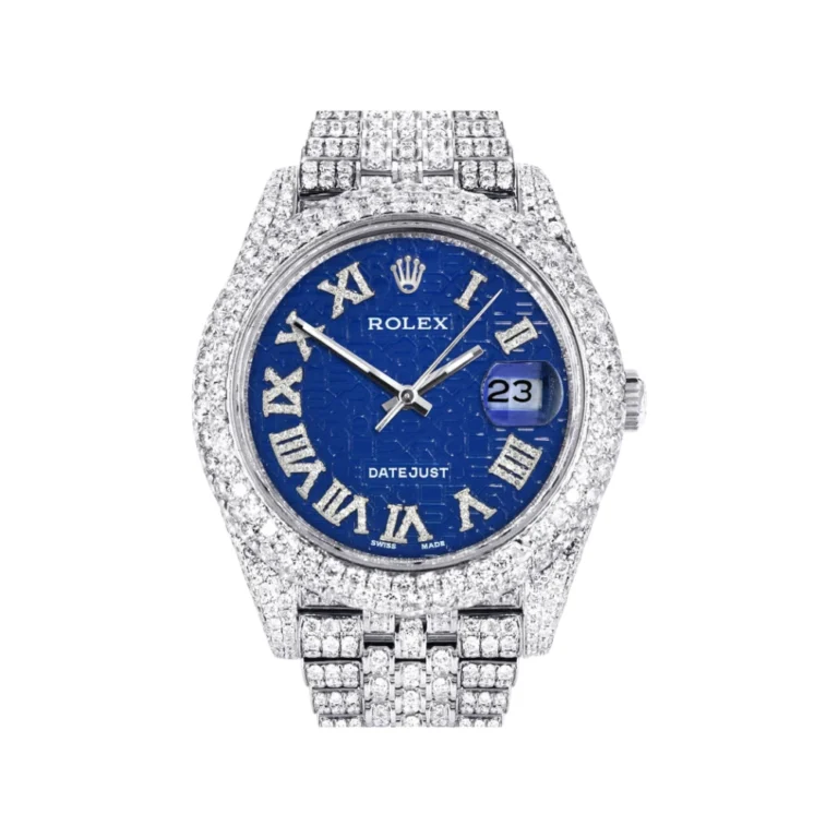 Diamond Iced Out Rolex Datejust 25 Carats Of Diamonds Custom Blue Text Pattern Dial Two Row Jubilee Band Replica