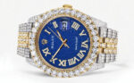 Diamond Iced Out Rolex Datejust 25 Carats Of Diamonds Custom Blue Text Pattern Dial Two Tone Jubilee Band Replica