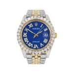 Diamond Iced Out Rolex Datejust 25 Carats Of Diamonds Custom Blue Text Pattern Dial Two Tone Jubilee Band Replica