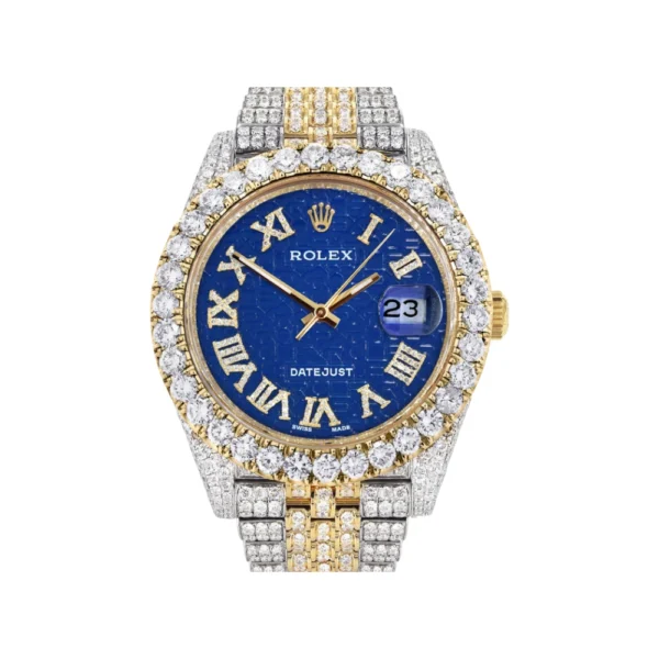 Diamond Iced Out Rolex Datejust 25 Carats Of Diamonds Custom Blue Text Pattern Dial Two Tone Jubilee Band Replica