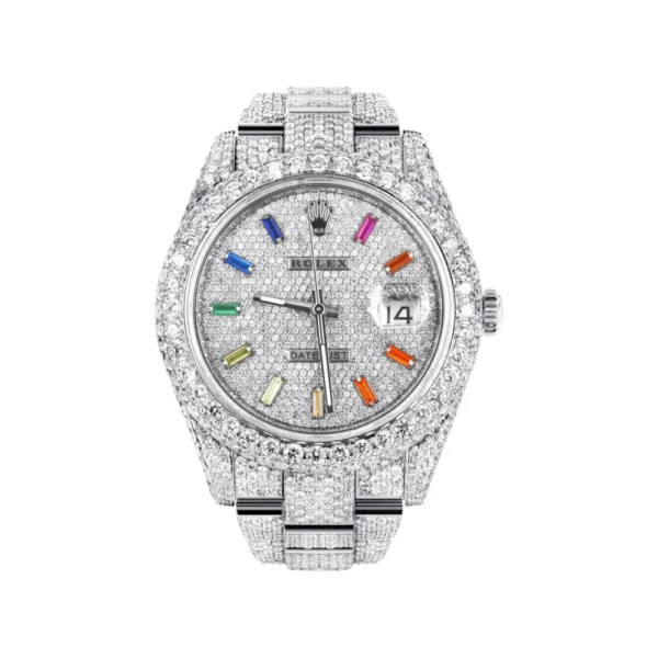 Diamond Iced Out Rolex Datejust 25 Carats Of Diamonds Custom Color Baguettes Dial Two Row Oyster Band Replica