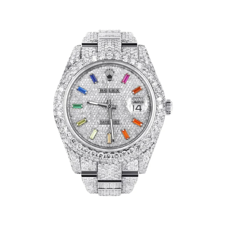 Diamond Iced Out Rolex Datejust 25 Carats Of Diamonds Custom Color Baguettes Dial Two Row Oyster Band Replica
