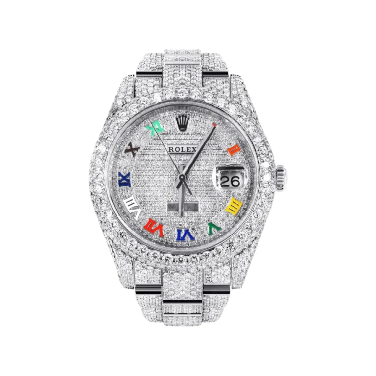 Diamond Iced Out Rolex Datejust 25 Carats Of Diamonds Custom Color Roman Dial Two Row Oyster Band Replica