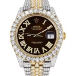 Diamond Iced Out Rolex Datejust 25 Carats Of Diamonds Custom Dark Brown Roman Numeral Diamond Dial Replica