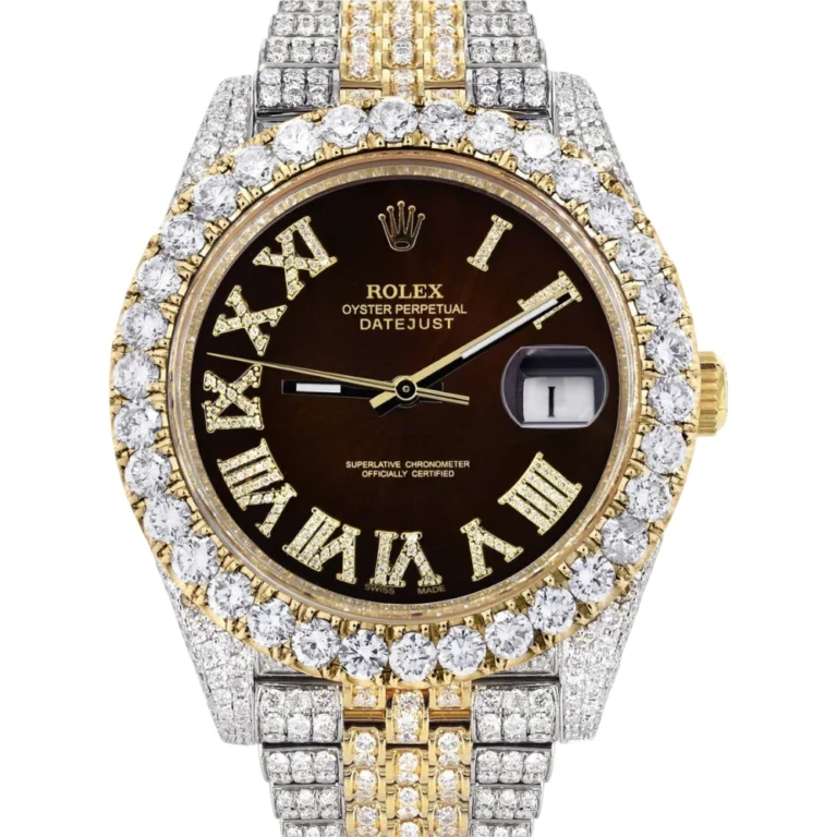 Diamond Iced Out Rolex Datejust 25 Carats Of Diamonds Custom Dark Brown Roman Numeral Diamond Dial Replica
