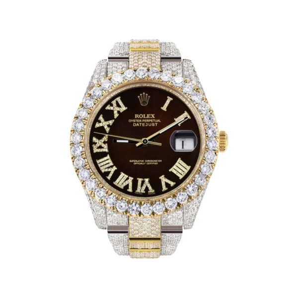 Diamond Iced Out Rolex Datejust 25 Carats Of Diamonds Custom Dark Brown Roman Numeral Diamond Dial Replica