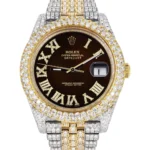 Diamond Iced Out Rolex Datejust 25 Carats Of Diamonds Custom Dark Chocolate Roman Numeral Diamond Dial Two Tone Two Row Jubilee Band Replica