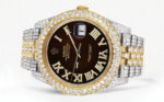 Diamond Iced Out Rolex Datejust 25 Carats Of Diamonds Custom Dark Chocolate Roman Numeral Diamond Dial Two Tone Two Row Jubilee Band Replica