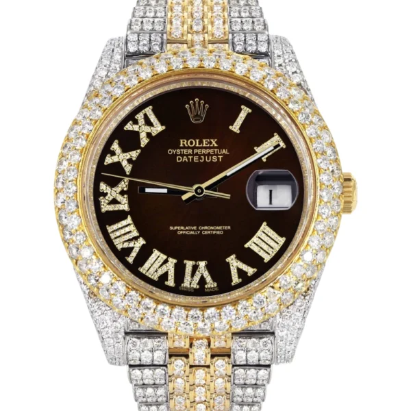 Diamond Iced Out Rolex Datejust 25 Carats Of Diamonds Custom Dark Chocolate Roman Numeral Diamond Dial Two Tone Two Row Jubilee Band Replica