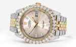 Diamond Iced Out Rolex Datejust 25 Carats Of Diamonds Custom Dawn Pink Dial Two Tone Replica