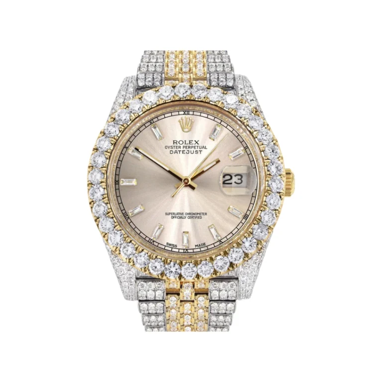 Diamond Iced Out Rolex Datejust 25 Carats Of Diamonds Custom Dawn Pink Dial Two Tone Replica