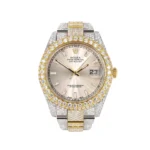 Diamond Iced Out Rolex Datejust 25 Carats Of Diamonds Custom Dawn Pink Dial Two Tone Two Row Replica