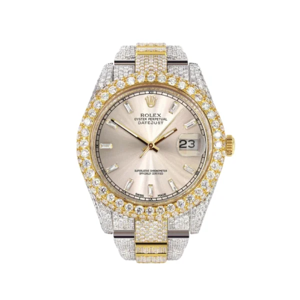 Diamond Iced Out Rolex Datejust 25 Carats Of Diamonds Custom Dawn Pink Dial Two Tone Two Row Replica