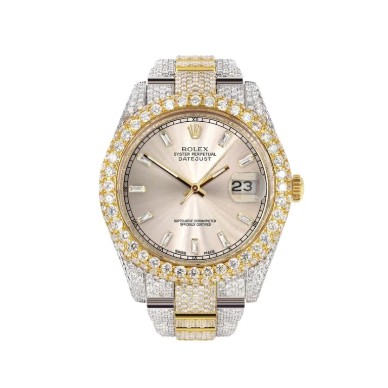 Diamond Iced Out Rolex Datejust 25 Carats Of Diamonds Custom Dawn Pink Dial Two Tone Two Row Replica