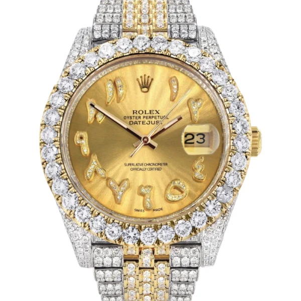 Diamond Iced Out Rolex Datejust 25 Carats Of Diamonds Custom Gold Arabic Numeral Diamond Dial Replica