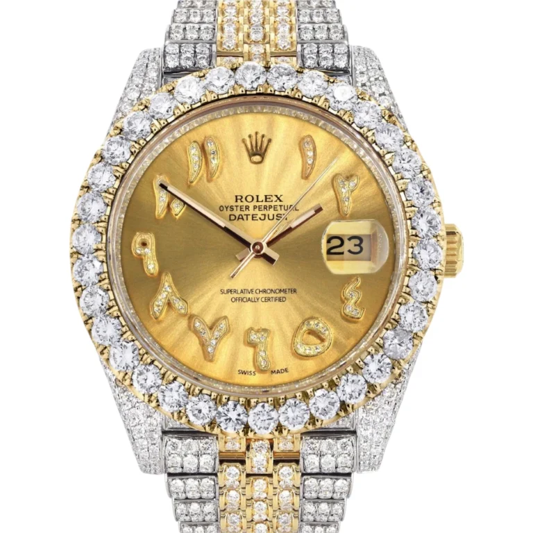 Diamond Iced Out Rolex Datejust 25 Carats Of Diamonds Custom Gold Arabic Numeral Diamond Dial Replica