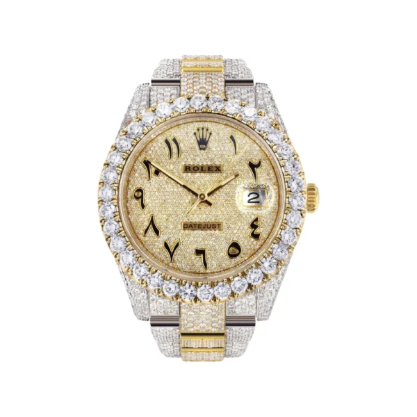 Diamond Iced Out Rolex Datejust 25 Carats Of Diamonds Custom Gold Arabic Numeral Diamond Dial Two Tone Replica