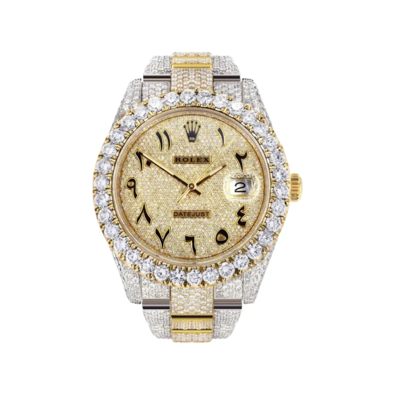 Diamond Iced Out Rolex Datejust 25 Carats Of Diamonds Custom Gold Arabic Numeral Diamond Dial Two Tone Replica