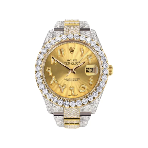 Diamond Iced Out Rolex Datejust 25 Carats Of Diamonds Custom Gold Arabic Numeral Diamond Dial Two Tone Replica