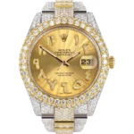 Diamond Iced Out Rolex Datejust 25 Carats Of Diamonds Custom Gold Arabic Numeral Diamond Dial Two Tone Two Row Oyster Band Replica