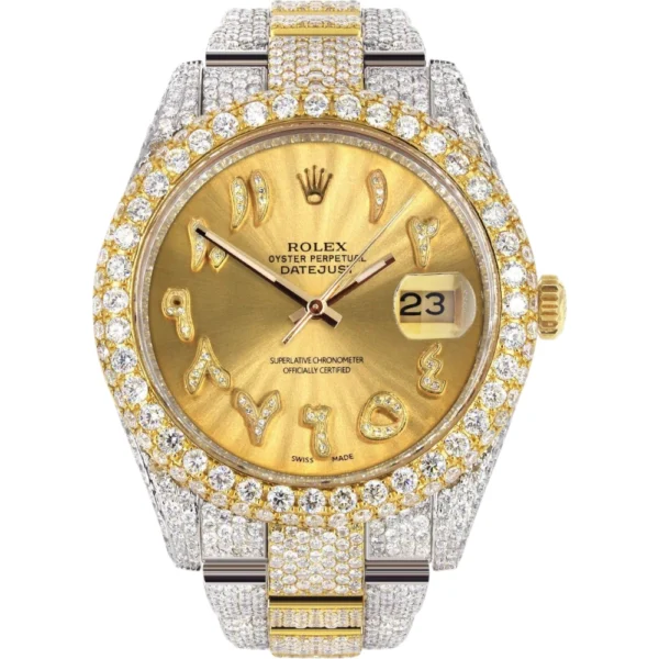 Diamond Iced Out Rolex Datejust 25 Carats Of Diamonds Custom Gold Arabic Numeral Diamond Dial Two Tone Two Row Oyster Band Replica