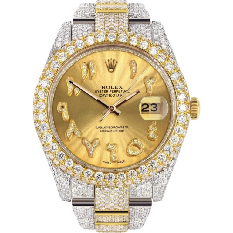 Diamond Iced Out Rolex Datejust 25 Carats Of Diamonds Custom Gold Arabic Numeral Diamond Dial Two Tone Two Row Oyster Band Replica