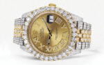 Diamond Iced Out Rolex Datejust 25 Carats Of Diamonds Custom Gold Roman Numeral Diamond Dial Replica