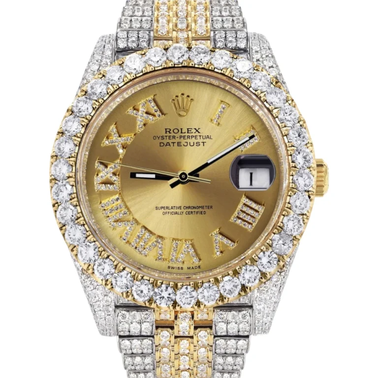 Diamond Iced Out Rolex Datejust 25 Carats Of Diamonds Custom Gold Roman Numeral Diamond Dial Replica