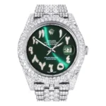 Diamond Iced Out Rolex Datejust 25 Carats Of Diamonds Custom Green Arabic Numeral Diamond Dial Two Row Jubilee Band Replica
