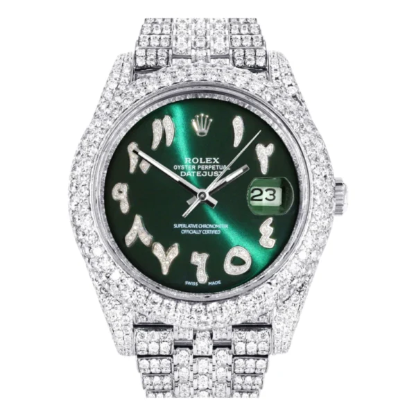 Diamond Iced Out Rolex Datejust 25 Carats Of Diamonds Custom Green Arabic Numeral Diamond Dial Two Row Jubilee Band Replica