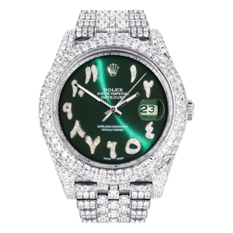 Diamond Iced Out Rolex Datejust 25 Carats Of Diamonds Custom Green Arabic Numeral Diamond Dial Two Row Jubilee Band Replica