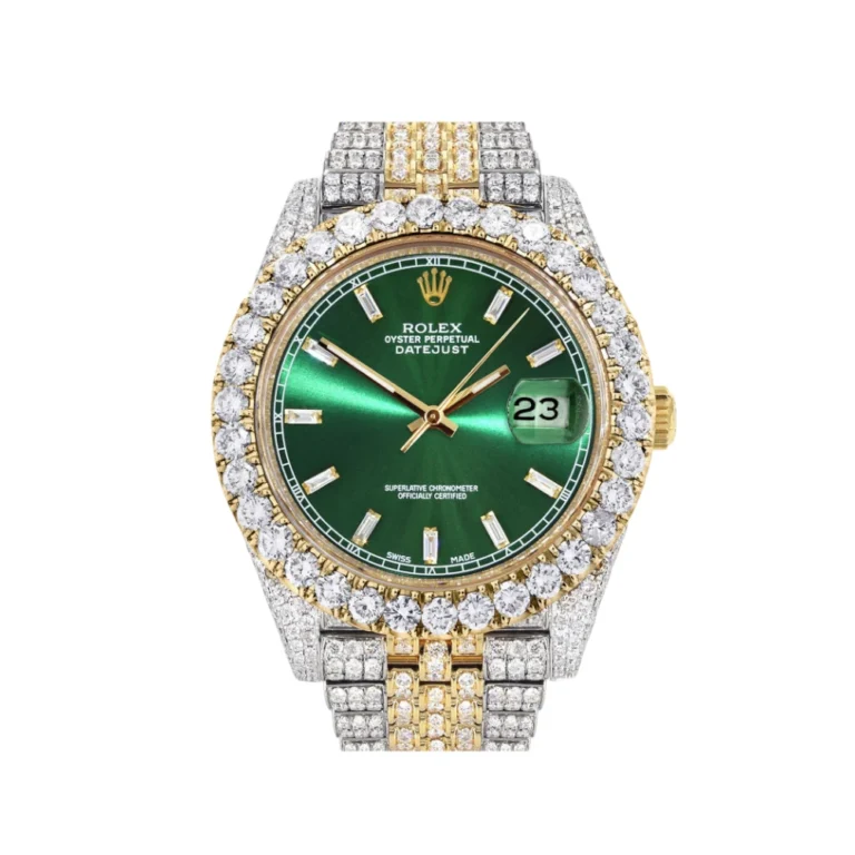Diamond Iced Out Rolex Datejust 25 Carats Of Diamonds Custom Green Diamond Dial Two Tone Replica
