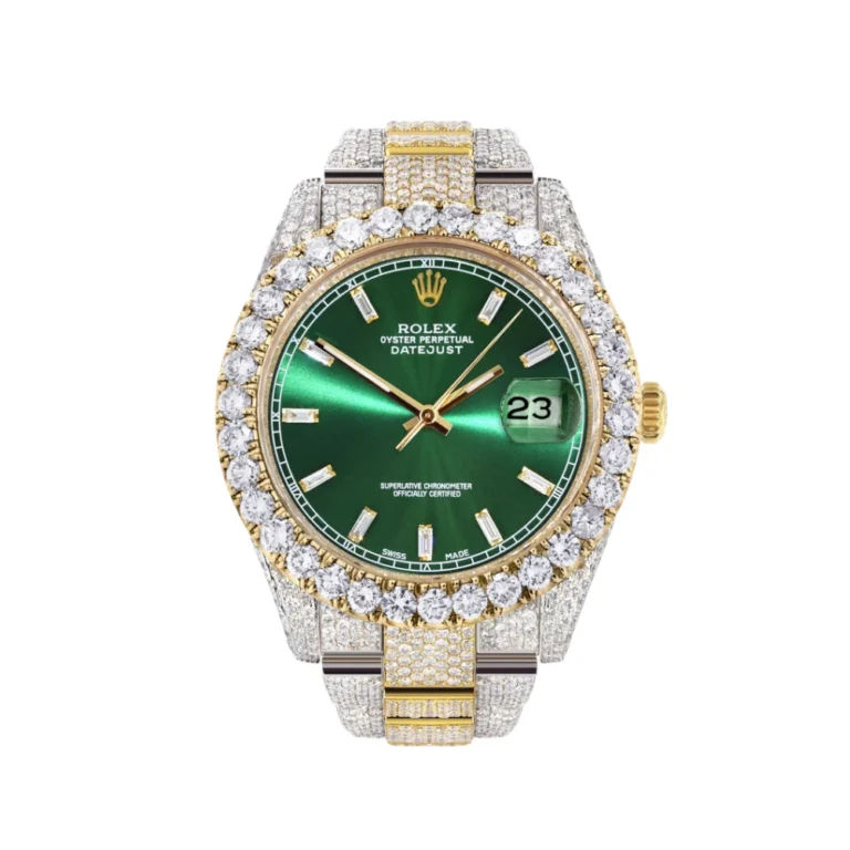 Diamond Iced Out Rolex Datejust 25 Carats Of Diamonds Custom Green Diamond Dial Two Tone Replica