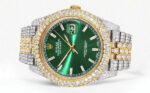 Diamond Iced Out Rolex Datejust 25 Carats Of Diamonds Custom Green Diamond Dial Two Tone Two Row Replica