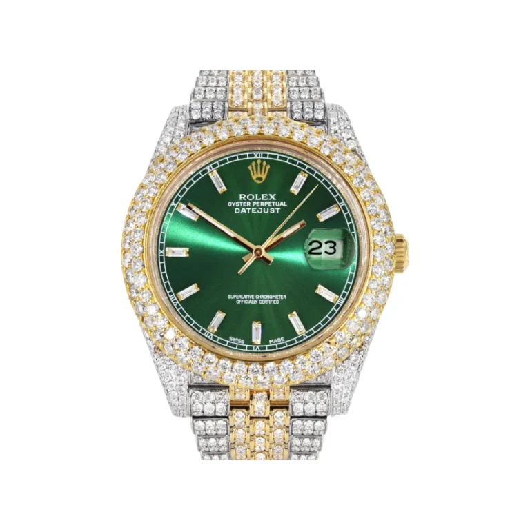 Diamond Iced Out Rolex Datejust 25 Carats Of Diamonds Custom Green Diamond Dial Two Tone Two Row Replica