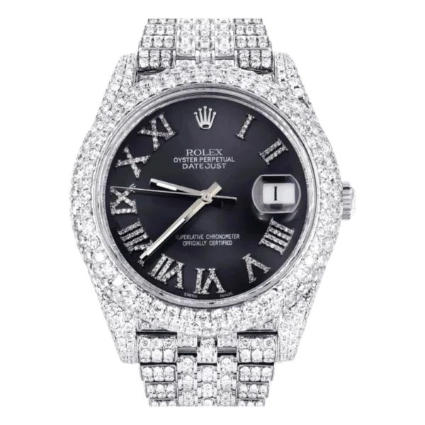 Diamond Iced Out Rolex Datejust 25 Carats Of Diamonds Custom Grey Roman Numeral Diamond Dial Two Row Jubilee Band Replica