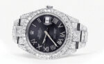 Diamond Iced Out Rolex Datejust 25 Carats Of Diamonds Custom Grey Roman Numeral Diamond Dial Two Row Oyster Band Replica