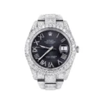 Diamond Iced Out Rolex Datejust 25 Carats Of Diamonds Custom Grey Roman Numeral Diamond Dial Two Row Oyster Band Replica