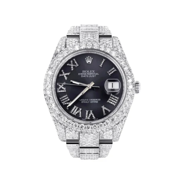 Diamond Iced Out Rolex Datejust 25 Carats Of Diamonds Custom Grey Roman Numeral Diamond Dial Two Row Oyster Band Replica