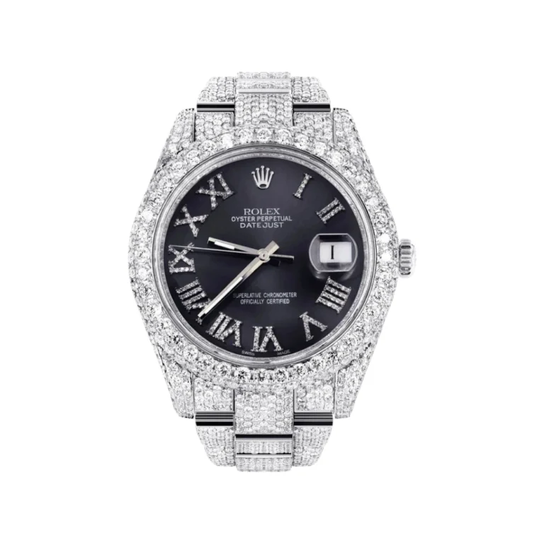 Diamond Iced Out Rolex Datejust 25 Carats Of Diamonds Custom Grey Roman Numeral Diamond Dial Two Row Oyster Band Replica